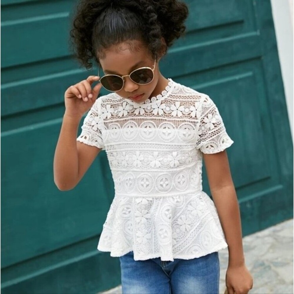 Girls Ruffle Hem Guipure Lace Top White Size 9 and 11